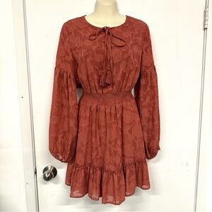 Lulus jacquard long sleeve dress Large Mini Ruffles tassel round neck Round Neck